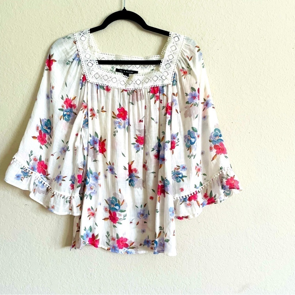 Zac & Rachel floral bell sleeve blouse size S boho flowy prairie feminine top
